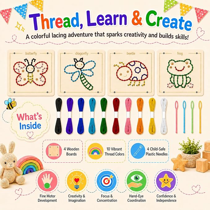Montessori Wooden Lacing Toys for Toddlers and Kids Ages 2-4 5-7, Sewing Kit Fine Motor Skill Busy Board, Education Sensory Preschool Toy for 1 2 3 4 Year Olds, Birthday Gift for Boys and Girls