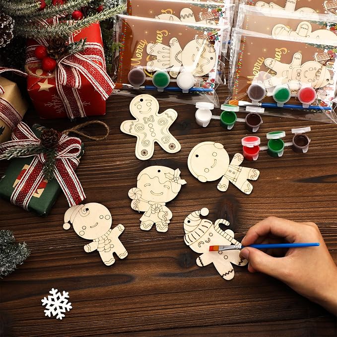 Saypacck 24 Pcs Gingerbread Man Party Favors Wooden Paint Craft Kits | Christmas Gingerbread Man Ornamnet For KidsParties, Brush and Paints Included, Goodie Bag Fillers Gifts