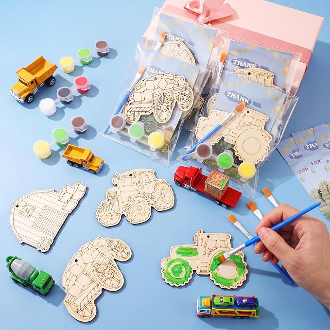 Saypacck 24 Pcs Tractor Farm Party Favors Wooden Paint Craft Kits | Farm Tractor Painting Toy with Brush Paints, Party Decor Goodie Bag Fillers, Organza Bags for Thank You Gifts
