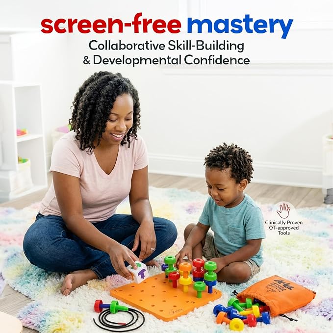 Montessori Sensory Pegboard, 33 Pc, STEM Learning, Ages 2+ | Occupational Therapy STEM Learning Educational Toys for Kids 2+ Includes Foam Board, Lacing String, Dice, Storage Bag, eBook