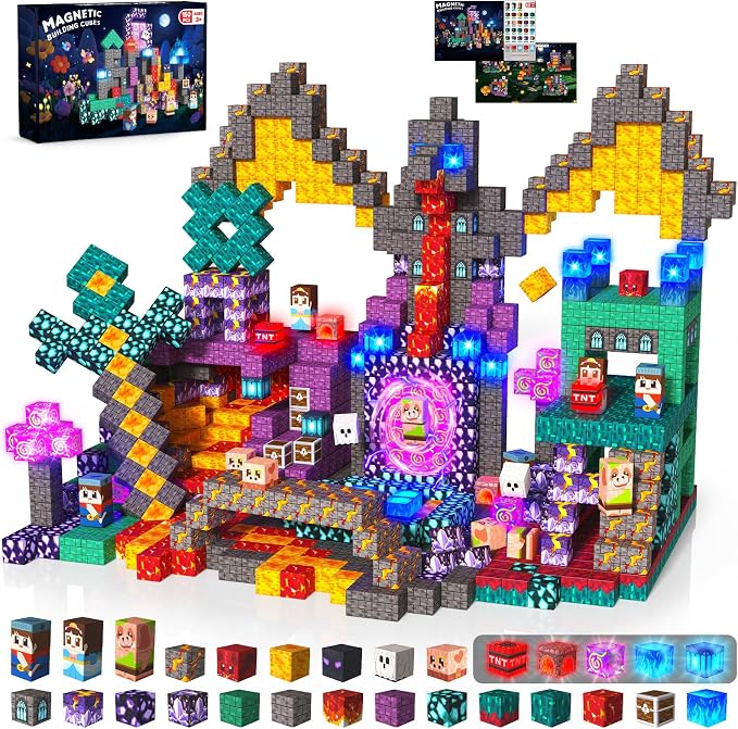 Light up Magnetic Blocks, 150PCS Magnetic Building Cube Game, Constructions Toys for Kids Age 3-4, 5 6 7 8 9 10, STEM Montessori Building Set for Kids, Building Stacking Toy Birthday for Toddlers