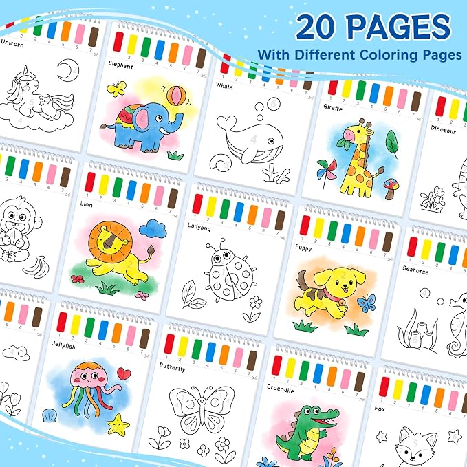 Paint with Water Coloring Books for Kids,Mess Free Watercolor Painting Papers Sets for Toddlers,Water Color Paint Kit,Art Craft Birthday Gift for Ages 1-3, 4-8(Animal)