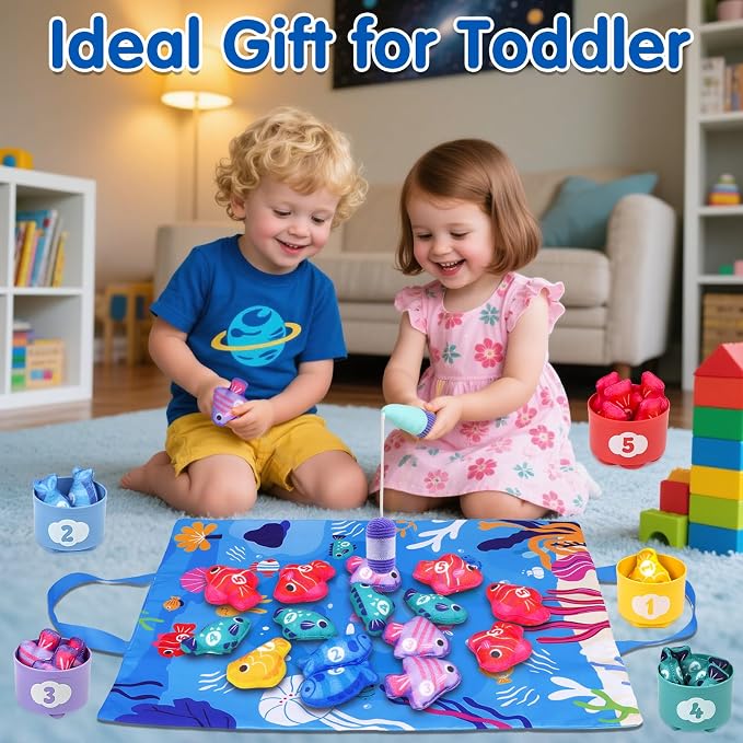 Montessori Toys for 1 Year Old: Cloth Fishing Game with Stacking Cups | Learning Educational Toys for 1+ Year Old Boy Girl First Birthday Gift - Number Counting, Color Sorting Toys for Toddlers 1-3