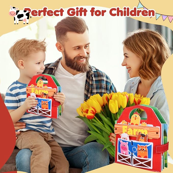 Busy Board for Toddler, Montessori Toys Farm Animals Busy Book for 2-4 Year Old Boy Girl, Quiet Activity Books Gift for Kid, Felt Busy Learning Toy for Toddlers, Car Airplane Travel Toys