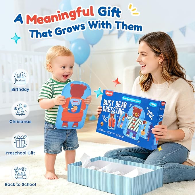 JoyCat Dressing Busy Book for Toddlers 2-4,Montessori Travel Toys | Seven real dressing activities provide buckle, zipper, button and tying practice in a portable travel busy book
