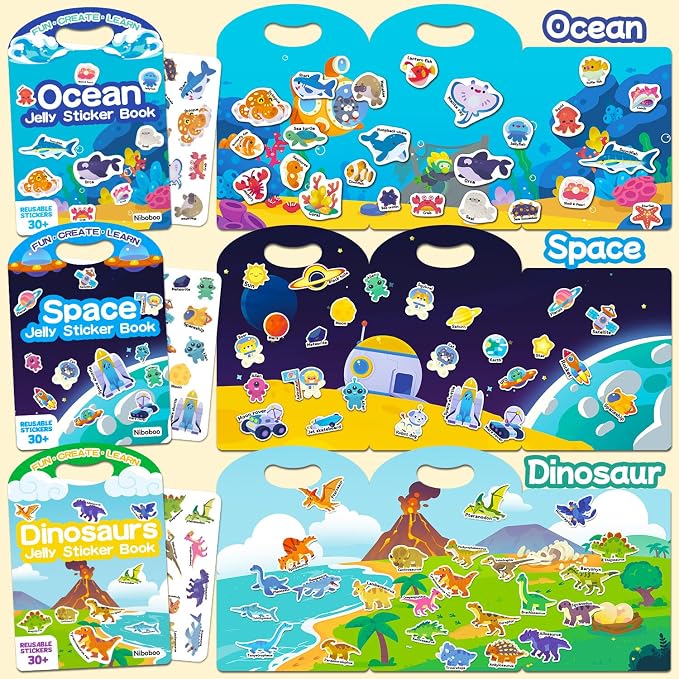 6 Pack Jelly Sticker Books for Toddlers, Reusable Sticker Books for Kids 3-6, Quiet Book for Ages 3+ Kids, Perfect Holiday & Birthday Gifts for Boys & Girls