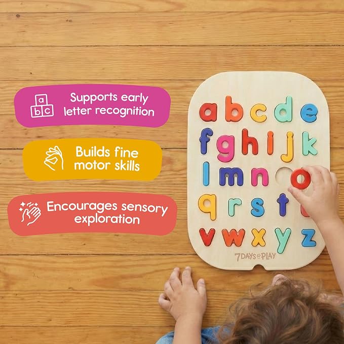 Lowercase Alphabet Puzzle for Kids, Sensory Bin Insert for Sensory Tables, Silicone Letters, Wooden Fine Motor Learning Toy