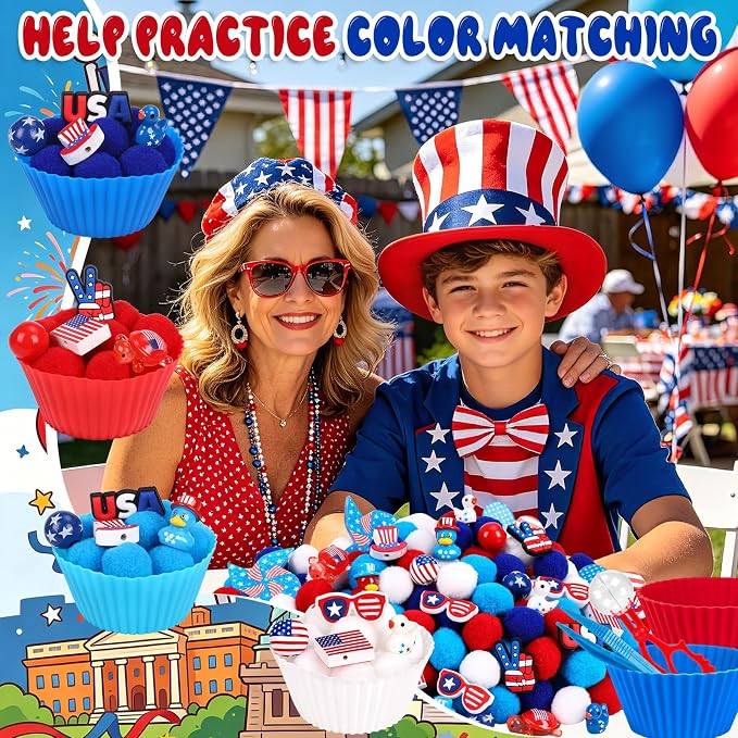 256PCS Independence Day Patriotic Sensory Bin Filler 4th of July Fine Motor Sensory Bin Items Includes Pom Poms Duck Resin for Counting Sorting Training
