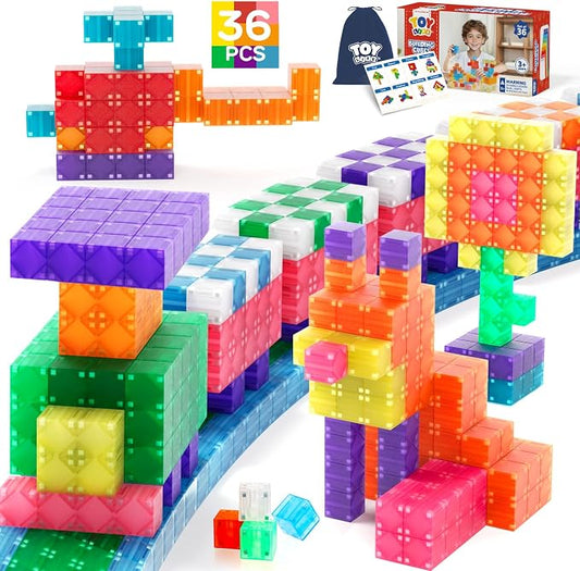 TOY Life Translucent Magnetic Blocks, 36-Piece STEM Set, Ages 3-8 | rainbow-clear cubes, smooth ABS plastic, strong connections, tower and shape play