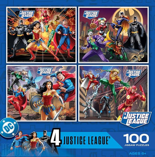 MasterPieces Puzzle Set - 4-Pack 100 Piece Jigsaw Puzzle for Kids - Justice League 4-Pack - 8"x10"