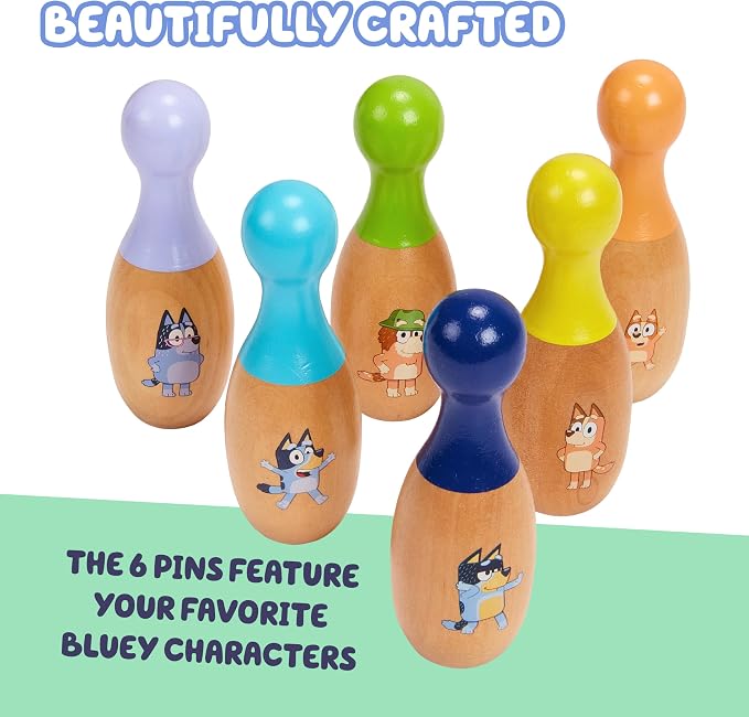 Bluey Wooden Bowling Set, 6 Character Pins, Indoor & Outdoor | Durable wood skittle game builds coordination & teamwork; Bluey toy for kids ages 3+, indoor-outdoor fun