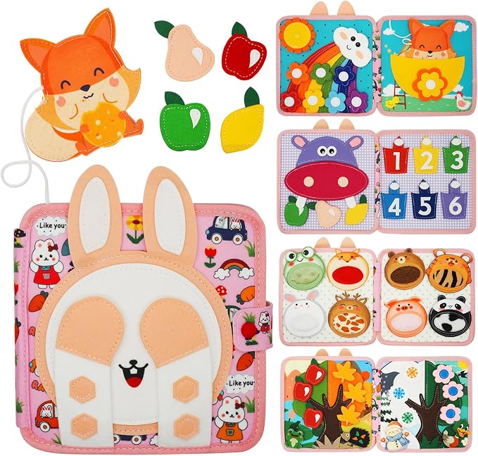 Busy Books for Toddlers 1-3, Felt Montessori Quiet Book Set, Portable Travel Plane Toys, Home, Forest, Giraffe, Rabbit Animals Educational Activity Books, Birthday Gifts for Boys & Girls