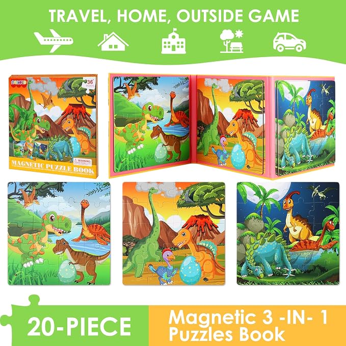 Magnetic Puzzles for Kids Ages 4-6, 20-Piece Travel Toys Dinosaur PreschoolerPuzzles, Educational Learning Magnets, Ideal Road Trip Activities Toys for 3 4 5 6 Boys and Girls