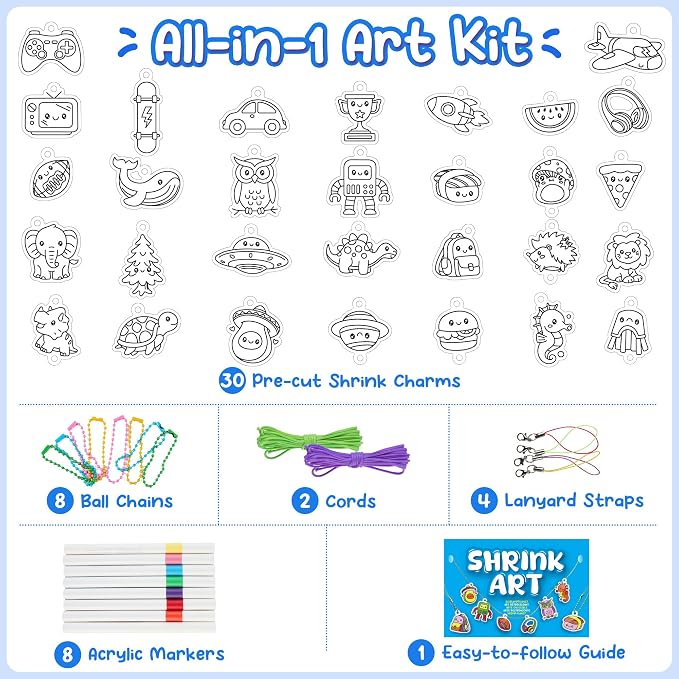 Piano Potato DIY Shrink Art Craft Kit for Kids Ages 6-12 - 30 Pre-Cut Charms & Keychains Making Kit, Mess-Free Creative Activity, Birthday Gift for Boys and Girls 6 7 8 9 10 Years Old