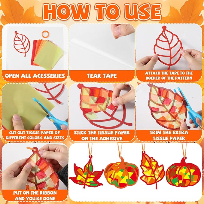 Qyeahkj 36 Set Fall Suncatchers Crafts for DIY Autumn Window Tissue Paper Crafts Kit Maple Leaves Pumpkin Hanging Decor for Thanksgiving Home Activity Art Project Birthday Party Favor Gift