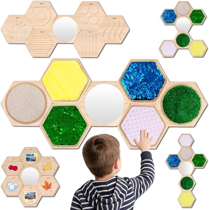 13-Piece Wooden Sensory Wall Panel Set with Double-Sided Activities,Hexagon | Double-Sided Tactile Boards with Interchangeable Texture Pads,Fine Motor & Finger Tracing Paths