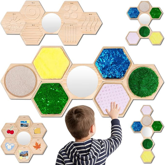 13-Piece Wooden Sensory Wall Panel Set with Double-Sided Activities,Hexagon | Double-Sided Tactile Boards with Interchangeable Texture Pads,Fine Motor & Finger Tracing Paths