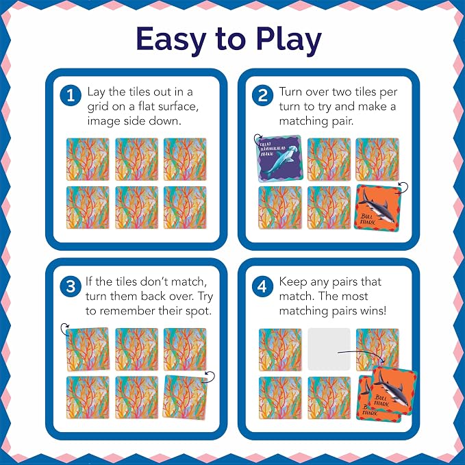 eeBoo Shiny Sharks & Friends Memory & Matching Game, Ages 3+, 1-4 Players | Introduces sharks & marine life. Sharpens recognition, concentration & memory skills. Includes 48 foil tiles, 24 pairs
