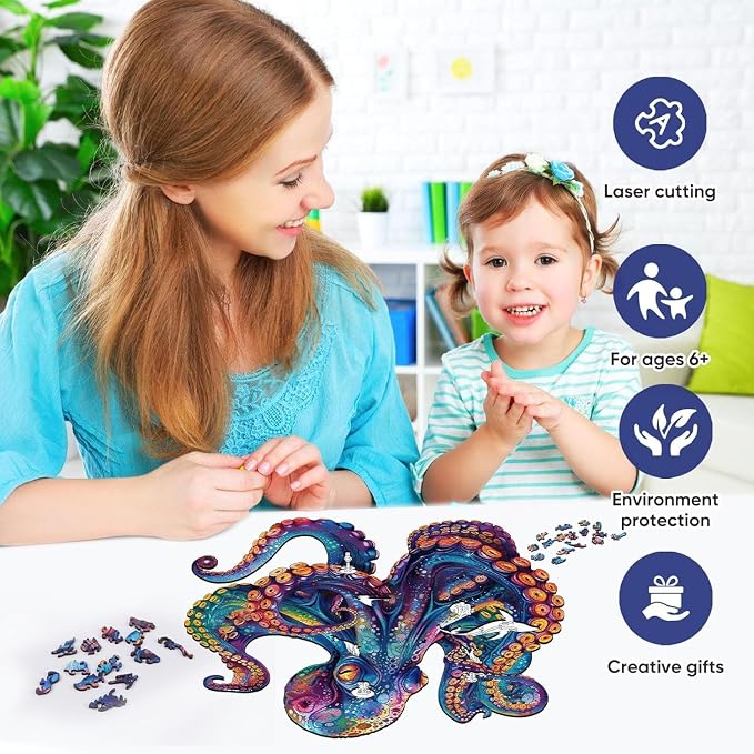 Qiuenisray Wooden Puzzle for Adults 300 Pieces, Ocean Octopus Jigsaw Puzzle | Wood Puzzle 12.8x12.7 in, Beautiful Wall Decor, Wooden Puzzle with Box Birthday Gifts for Adults and Kids Family Game