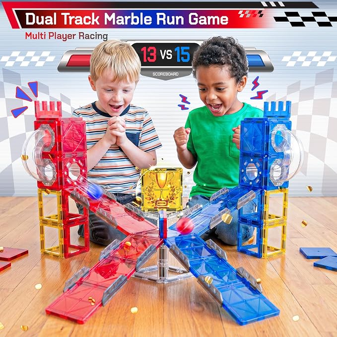 73pcs Magnetic Tiles Marble Run for Kids,STEM Marble Race Track with Rails | Gravity Marble Race,Magnetic Tiles Rail Pack,Preschool Magnetic Tiles for Kids Ages 4-8,Magnet Toy Birthday Gift for Boy