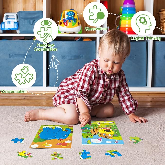 Sealive Wooden Puzzles for Kids Ages 3-5, 6 Pack 9 Piece Animal Puzzle Set | for Toddlers & Preschool Learning, Autism Friendly Travel Activity with Fine Motor Skills, Problem Solving, Independent Play