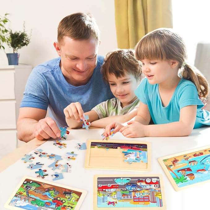 Wooden Educational Jigsaw Puzzles for Preschool Kids Ages 3-5, 4-Pack with 20 Pieces Transportation Wood Jigsaw Puzzles Set, Preschool Gifts for Boys Girls Ages 3 4 5 6