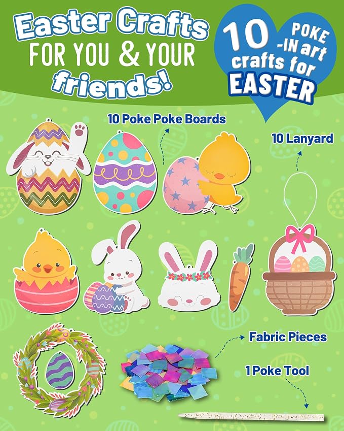 ATFUNSHOP 10 Packs Poke in Crafts Art Easter Basket Stuffers, Mess Free Kids Paper Activites, Easter Gifts for Boys and Girls 4 5 6 7 8 9 Years Old, DIY Eggs & Bunny Toys