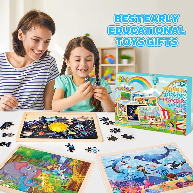 6-Pack Wooden Puzzles for Kids Ages 3-5, 60-Piece Animals Jigsaw Set | Toddler Puzzles Ages 3-5, Preschool Puzzles with Wooden Jigsaw Boards for Fine Motor Skills, Shape Recognition and Travel