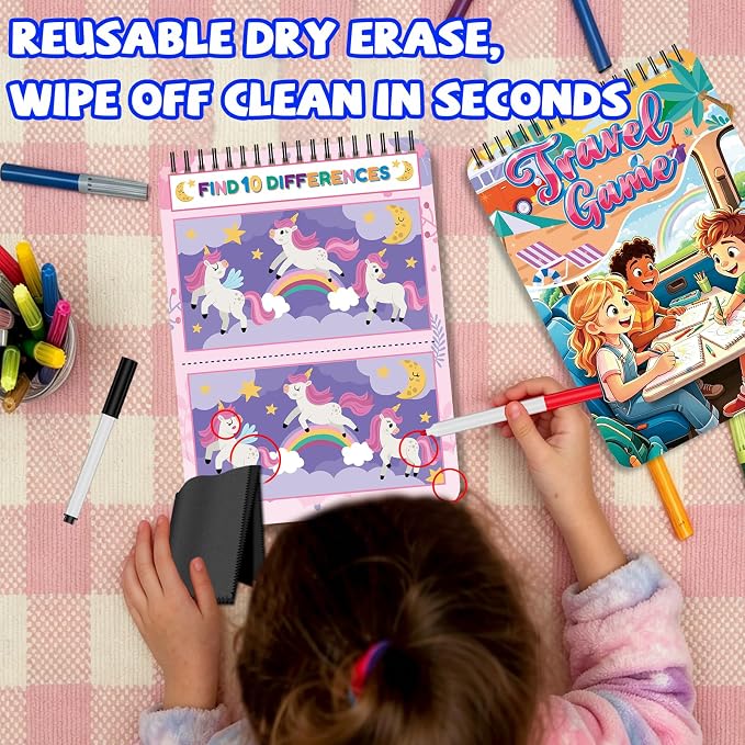 Elfew 2 Pack Reusable Wipe Clean Travel Game Activity Books for Kids 8-12 | 11 in 1 Types of Games, Reusable, PET Lamination, Spiral Binding, Portable, Designed for Travel, Tear Resistant,