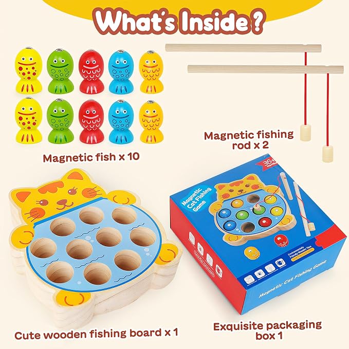Montessori Wooden Magnetic Fishing Game for Kids 3+ | Wood Fishing Toy Early Learning Fine Motor Skills,Hand-eye Coordination,Birthday Gift for Boys and Girls.