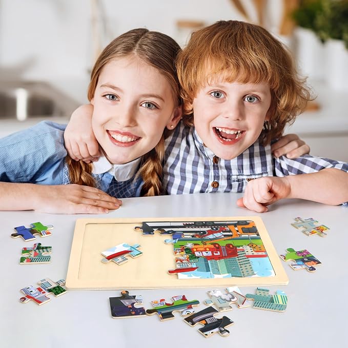 Wooden Puzzles for Kids Ages 3-5, 4 Packs Puzzles for Kids Ages 4-6,Vehicle | 24-Piece, Truck, Vehicle, Wood Jigsaw Puzzles for Toddlers 3-5,Preschool Educational Toys, Gifts for Children Ages 4-8 Boys