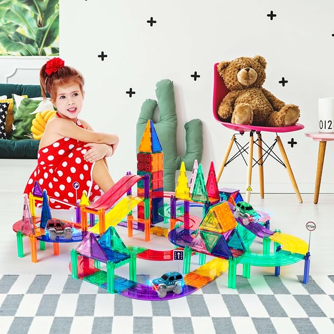 PicassoTiles 128pcs Magnetic Race Car Track Building Block Educational Toy Set Tiles Magnet Playset 3 LED Car STEM Learning Construction Kit Fine Motor Skill Training Brain Development for Kids Age3+ | 3 Light-up LED car fun, multi-level slope design, ...