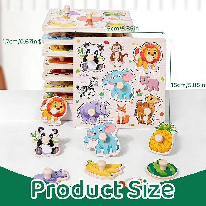 Wooden Puzzles for Toddlers 1-3, 8 Pack Peg Puzzles for Kids with Animals, Dinosaurs, Fruits, Vegetables, Educational Preschool Learning Toys, Birthday Gifts for Boys, Girls