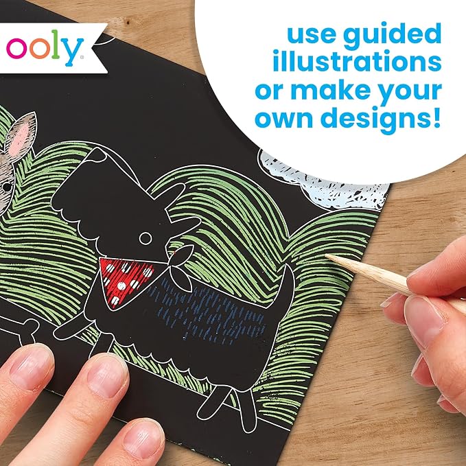 Ooly Mini Scratch & Scribble Art Kit, 6 Cards – Playful Pups | Ages 6+, Wooden Stylus Included, Compact Car and Airplane Travel Activity, Screen-Free Craft, Fun Gift for Kids