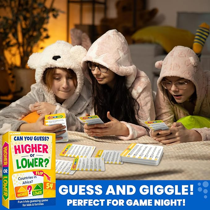 QUOKKA Trivia Board Games for Kids and Adults – Family Board Games for Family Game Night – Higher or Lower Trivia Cards for Kids 8-12 – Guess Fun Questions – Educational Card Game for Families&Teens