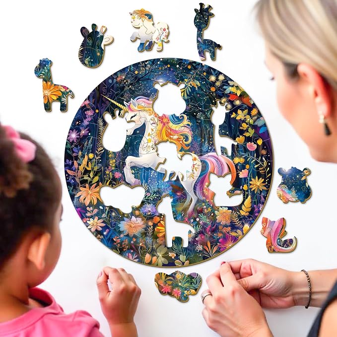 Rainbow Wooden Puzzles for Kids - Unicorn | 50 Piece Puzzles for Kids Ages 6-8, Kids Puzzles with Unique Animal Shapes, Round Gift for Girls and Boys (11.4 * 11.4 in)