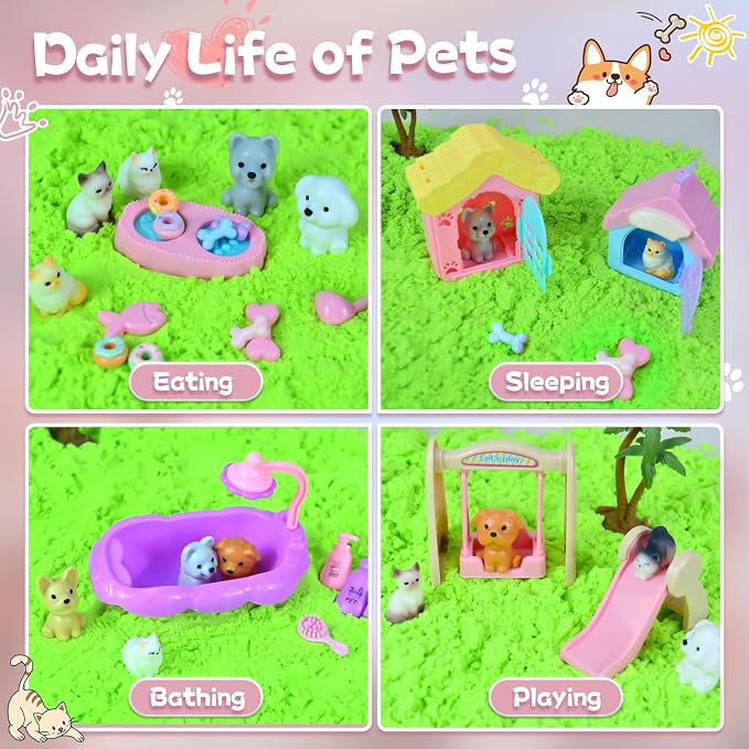 Pet Sensory Bin, Cat & Dog Sensory Play Sand Art Kit Set for Toddlers Kids | Sensory Bin with Sandbox & Tools & Pet Care Set, Indoor Outdoor Pretend Play Beach Toy Gift for Girls Boys 3 4 5 6 7 8
