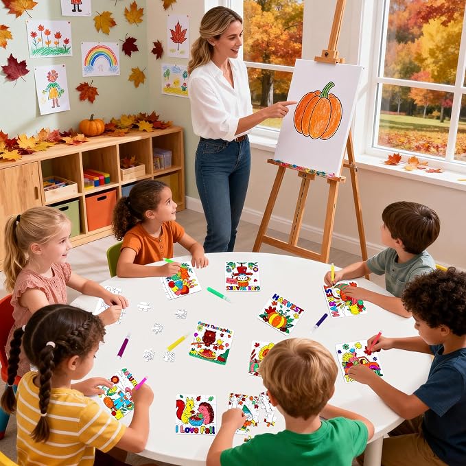 Fall Thanksgiving Arts & Crafts for Kids Autumn Activities DIY Puzzle Kit | 24Ps Thanksgiving Jigsaw Maple leaf Turkey for Fall Harvest Party Favors Classroom Gift Blank Coloring Game Toy Supplies Bulk