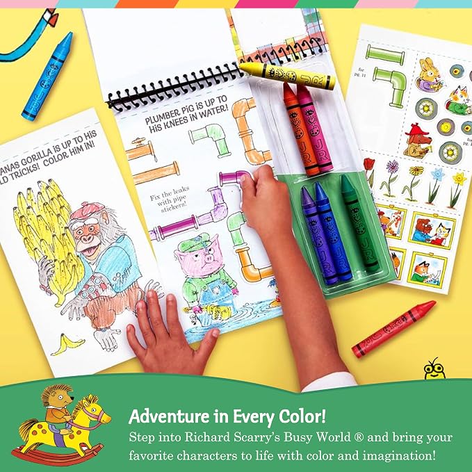 Bright Stripes Richard Scarry Art on the Go Travel Coloring Kit, Ages 3+ | Sticker activity set with crayons, screen-free creative play designed to entertain little ones and older preschool children