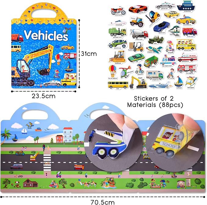 ASTARON 88 Pcs Vehicle Sticker Book for Toddlers, Reusable 3D Sticker Books Road Trip Activities Car Airplane Activities Travel Toys for Kids(2-6 Age) | 88 pcs Reusable Sticker,Waterproof Jelly Stickers, Portable Travel Toys,Educational Sensory Learnin...
