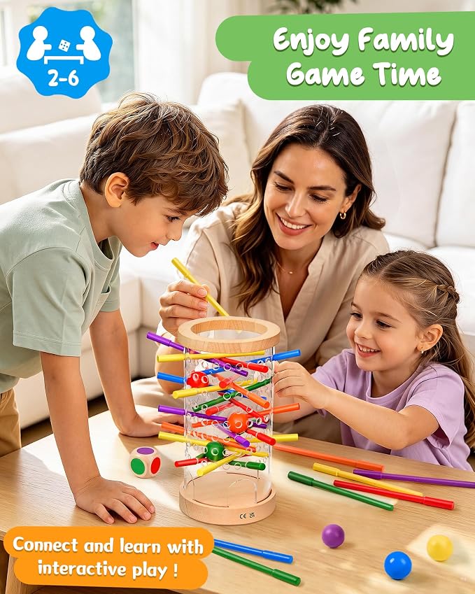 Wooden Board Games for Kids 3-8 Montessori Toys Fine Motor Skills Toy Dice | 42 Non-slip Sticks, 3-Min Quick Setup, Clear Interior View, Wooden Stick Game Color Matching, CPC-Certified, Ages 4–6 Gift