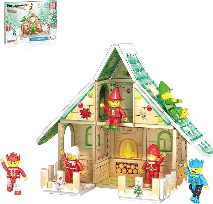 PicassoTiles Magnetic Tile Christmas Holidays Cottage Building Set with Santa Elves Nutcracker 6 Character Figures STEM Educational Construction Toy Winter Magnet Block Gift for Kids Age 3 Plus PTQ08