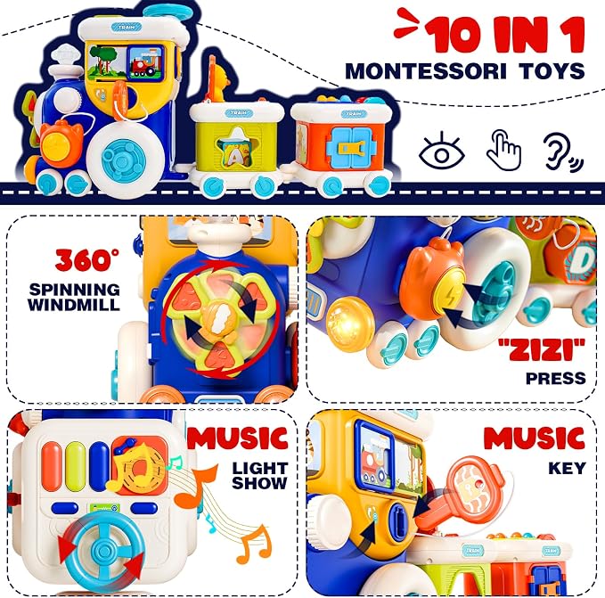 Montessori Educational Toys,busy cube train 10 in 1 baby toys for 12+ month | Toddler Developmental Toy with Lights and Sounds, Activity Cube Train Toy, Birthday Gift for 1 2 3 Years Old Boys Girls