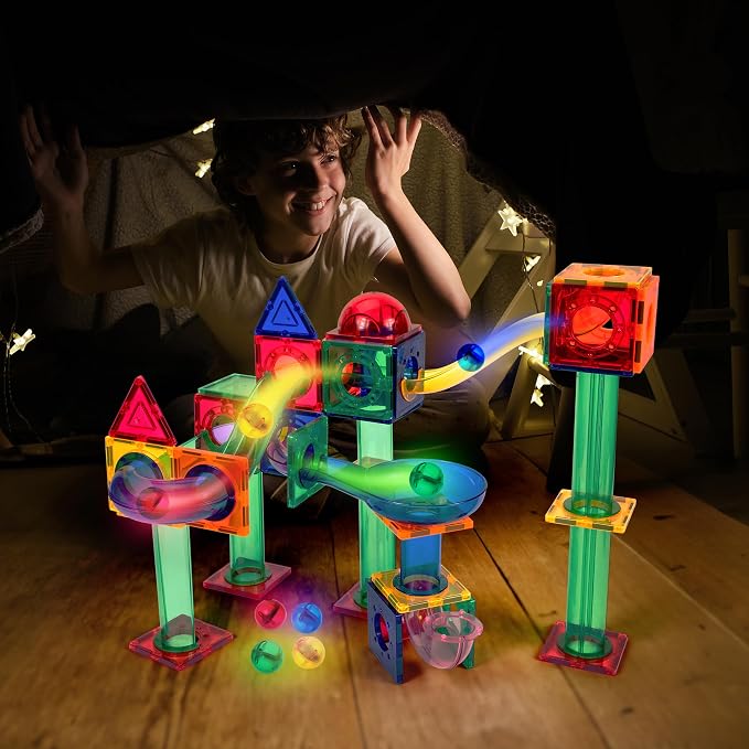 PicassoTiles Motion Activated Marbles 4pc LED Light-Up Glow in The Dark Translucent Balls for Marble Run Race Racetrack Maze Magnetic Construction Magnet Tiles Building Block STEM Education Kids Toys