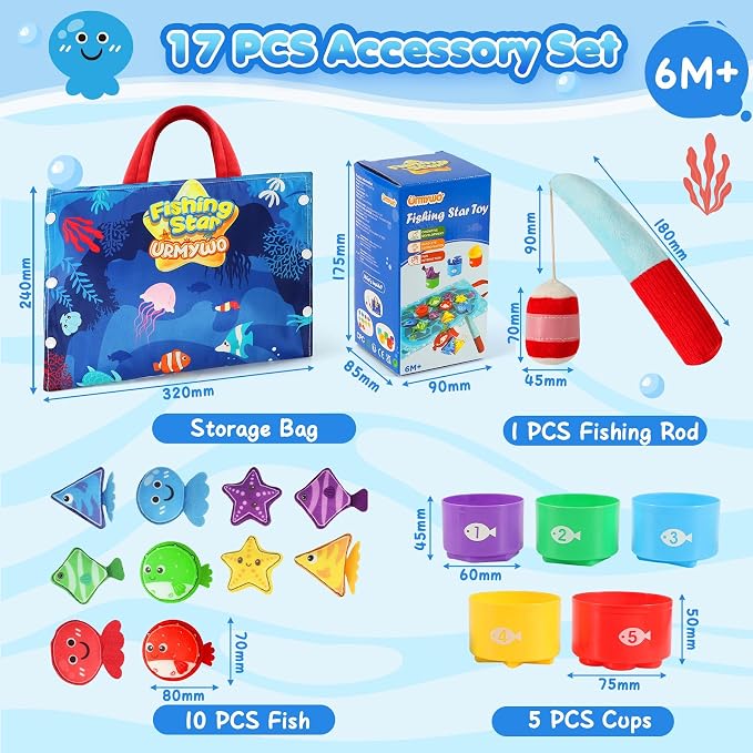 Montessori Toys for 1-2 Years Old Boy Girl, Birthday Gift, Fishing Game | 17 in 1 Toy Set, Stacking Cups, Color Sorting, Shape Matching, Early Learning, Toddler Toys, Gifts for 1 2 Years Old Boy Girl