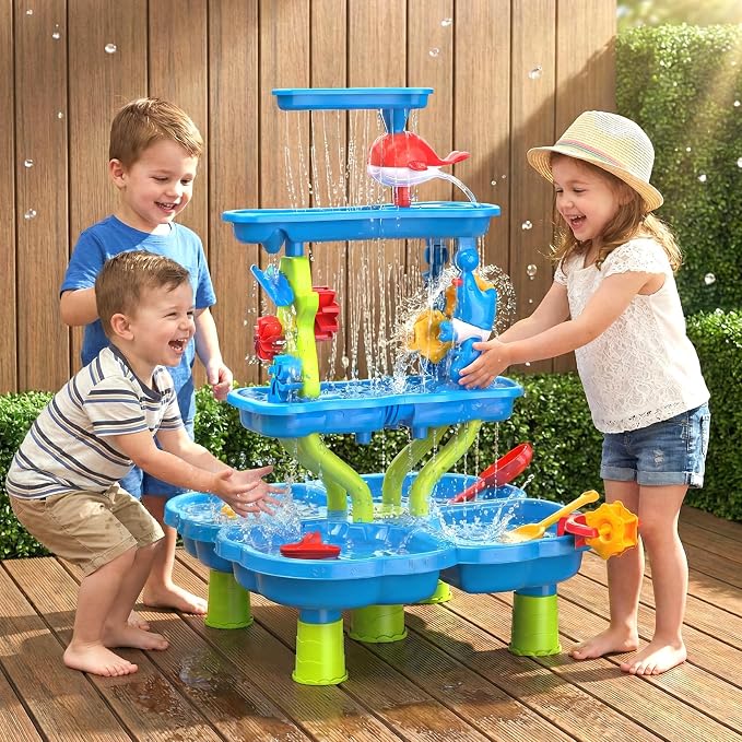 HeySplash Water Table for Toddlers 4-Tier with Toy Accessories | Kids Water and Sand Activity Sensory Playset, Sand Table Summer Splash Sensory Table for Outdoor Beach Backyard Garden, Blue