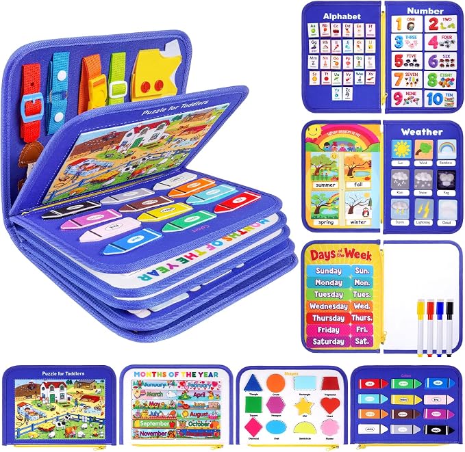 Toddler Busy Board, Montessori Busy Book, Quiet Educational Activity Book | 12-Page Learning Sensory Toys for Car Airplane, Toddlers Travel Toy for Motor Skills, Birthday Gifts for Boy Girl Kids (Blue)