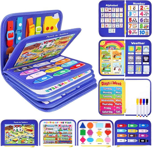 Toddler Busy Board, Montessori Busy Book, Quiet Educational Activity Book | 12-Page Learning Sensory Toys for Car Airplane, Toddlers Travel Toy for Motor Skills, Birthday Gifts for Boy Girl Kids (Blue)