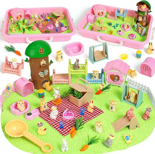 KNASON Rabbit and Hamster Sensory Bin, Play Sand Kit for Girls and Boys | 2.2lbs Sensory Play Sand, Sandbox with Lid, Rabbit and Hamster Figures, Tree House, Role Pretend Play Toy Gift for Kids