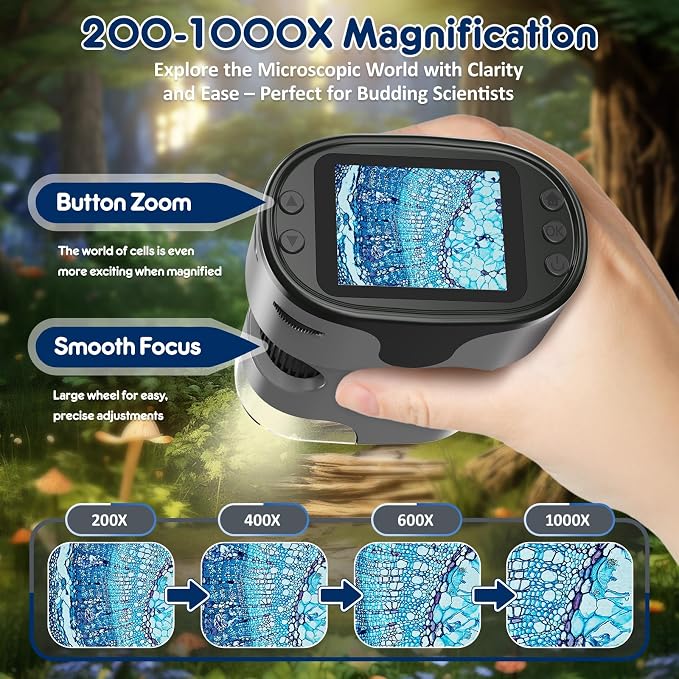 Kids Digital Microscope Science Gift: Complete STEM Toy Kit for Ages 4-12 | 32GB Card for Photos & Video / Custom EVA Case / Real Glass Slides / Upgraded 3mm Slide Slot / 2.5H Rechargeable Use